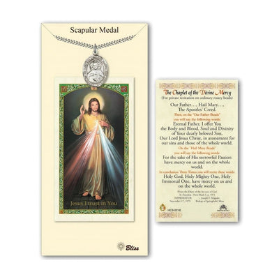 Sacred Heart Pewter 1-inch Medal with a Divine Mercy Chaplet Holy Card Gift Set, Bliss Manufacturing