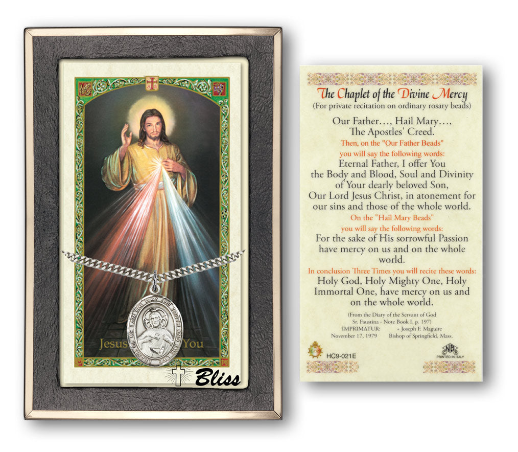 Bliss Jesus Scapular Medal and Divine Mercy Prayer Holy Card Gift Set