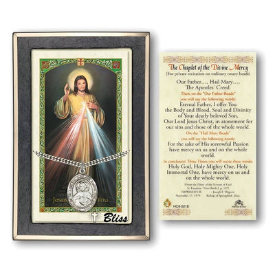 Sacred Heart Sterling Silver 1-inch Medal with a Divine Mercy Chaplet Holy Card Gift Set, Bliss Manufacturing