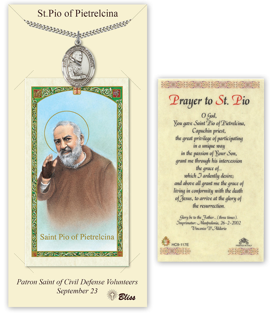 Bliss St Pio of Pietrelcina Medal and Prayer Holy Card Gift Set