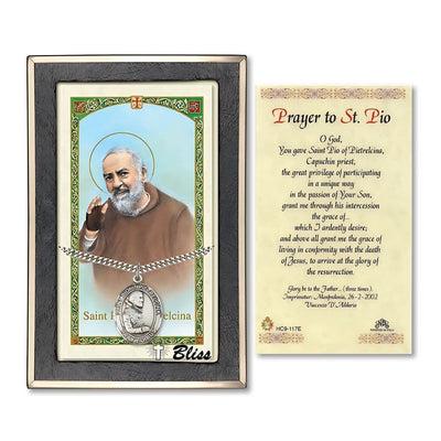 St. Padre Pio of Pietrelcina Sterling Silver 1-inch Medal with a Prayer Holy Card Gift Set, Bliss Manufacturing