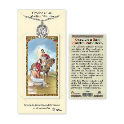 San Martin Caballe Pewter 1-inch Medal with a Spanish Text Prayer Holy Card Gift Set, Bliss Manufacturing