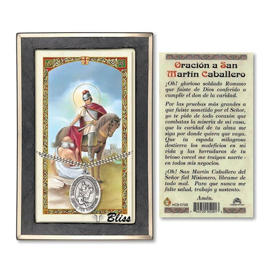 San Martin Caballe Sterling Silver 1-inch Medal with a Spanish Text Prayer Holy Card Gift Set, Bliss Manufacturing