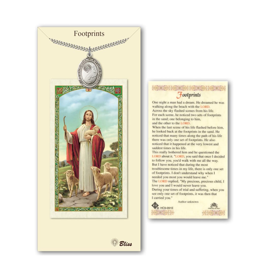 Bliss Footprints Cross Medal/Good Shepherd Footprints Holy Card Gift Set