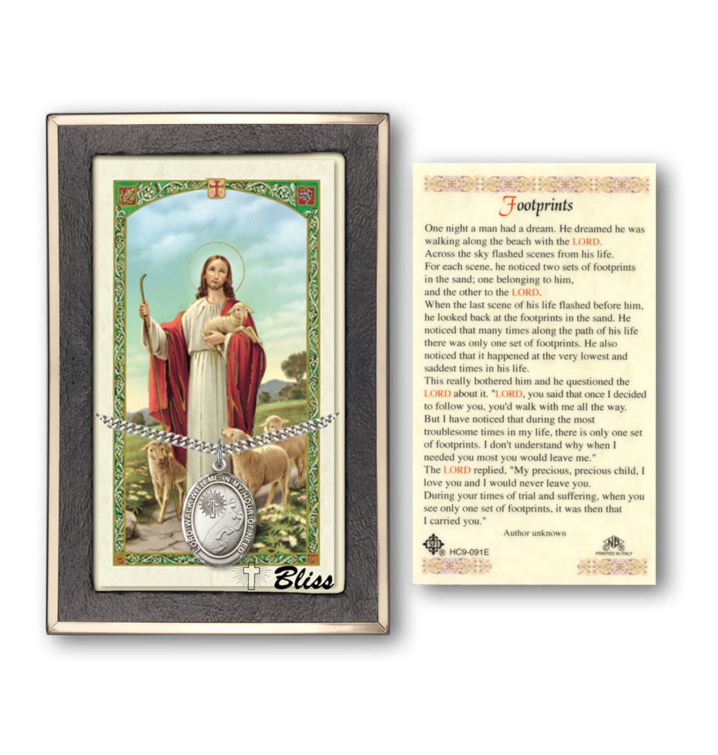 Bliss Footprints Cross Medal/Good Shepherd Footprints Holy Card Gift Set