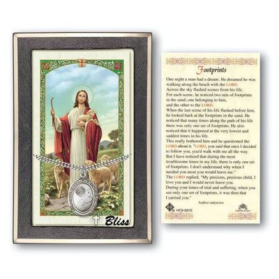 Footprints Sterling Silver 1-inch Medal with a Prayer Holy Card Gift Set, Bliss Manufacturing