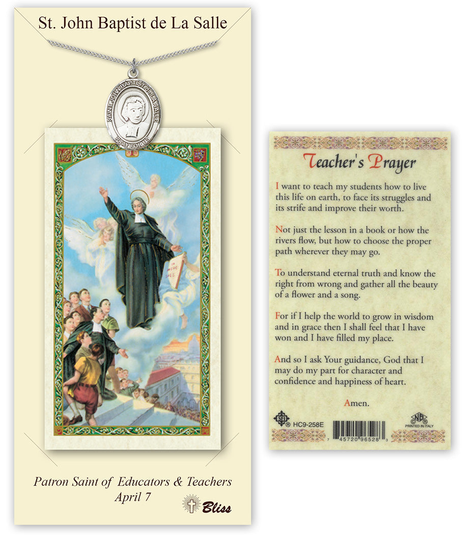 Bliss St John Baptist de la Salle Medal and Teacher Prayer Holy Card Gift Set