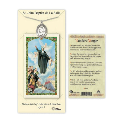 Saint John Baptist de la Salle Pewter Medal with a Teacher's Holy Prayer Card Gift Set, 1-inch, Bliss Manufacturing