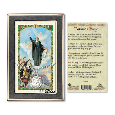 Saint John Baptist de la Salle Sterling Silver Medal with a Teacher's Holy Prayer Card Gift Set, 1-inch, Bliss Manufacturing