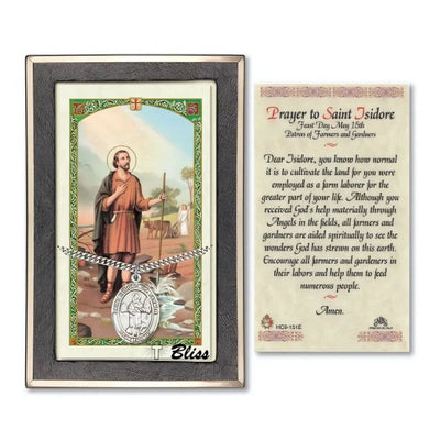 St. Isidore the Farmer Sterling Silver 1-inch Medal with a Prayer Holy Card Gift Set, Bliss Manufacturing