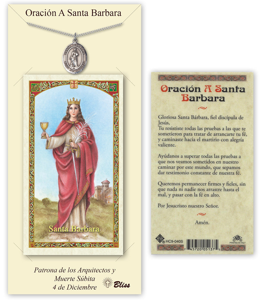 Bliss Spanish Santa Barbara Medal and Prayer Holy Card Gift Set