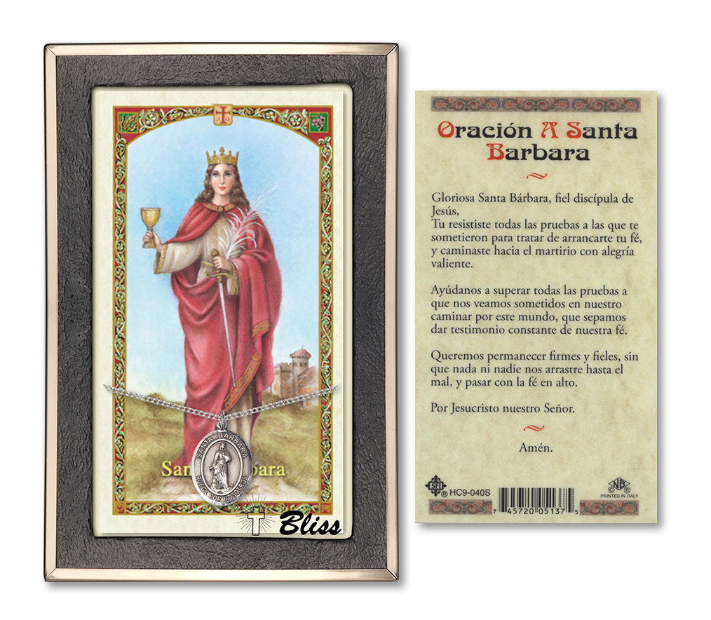 Bliss Spanish Santa Barbara Medal and Prayer Holy Card Gift Set