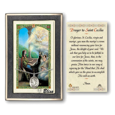 St Cecilia Sterling Silver Medal 3/4-inch and Prayer Holy Card Gift Set, Bliss Manufacturing