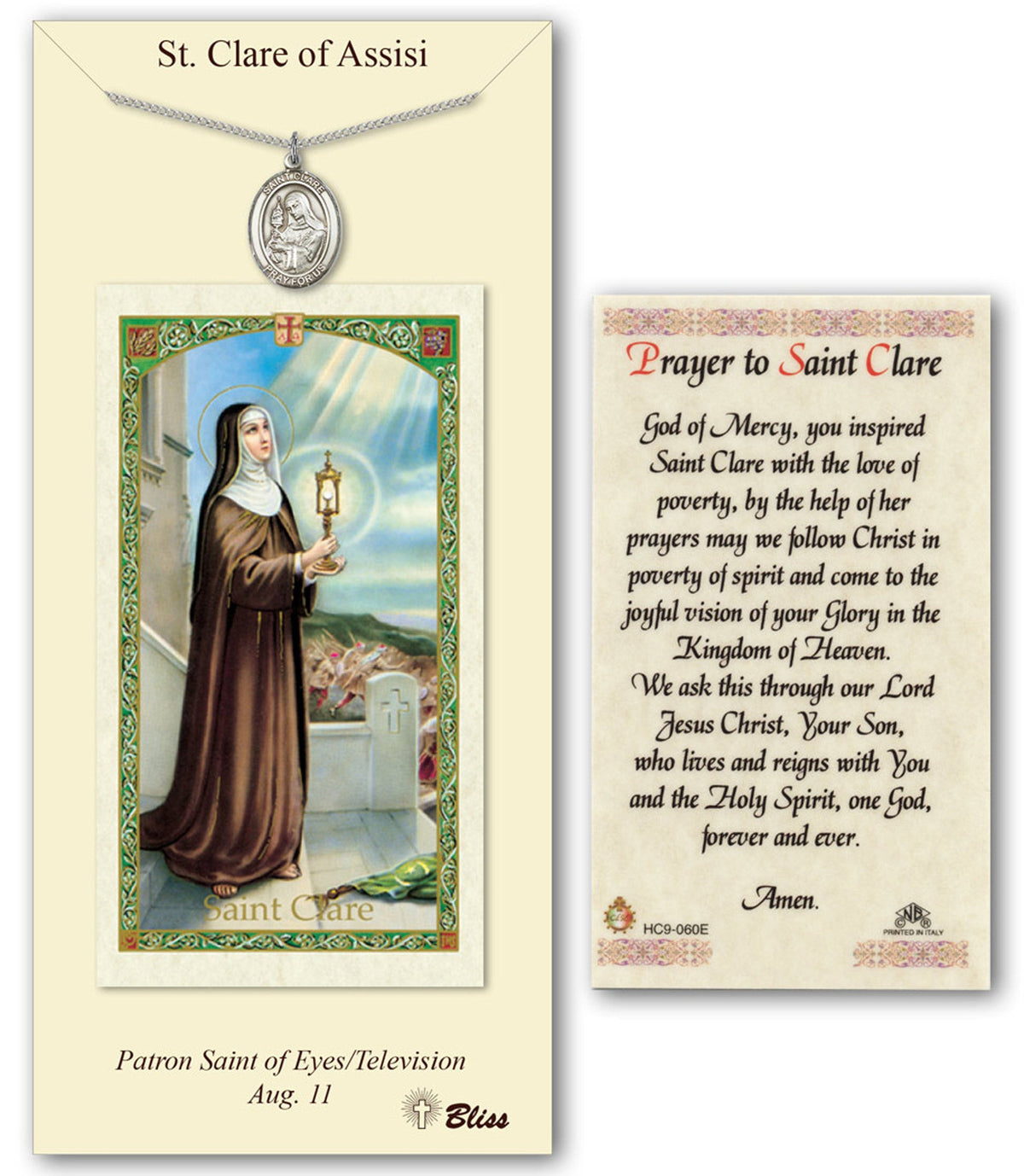 Bliss St Clare of Assisi Medal and Prayer Holy Card Gift Set