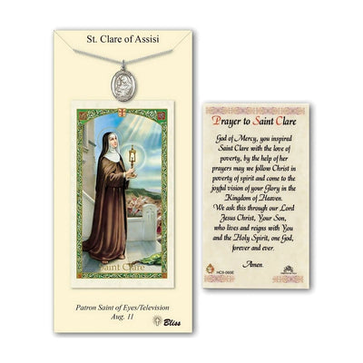 St Clare of Assisi Pewter Medal 3/4-inch and Prayer Holy Card Gift Set, Bliss Manufacturing
