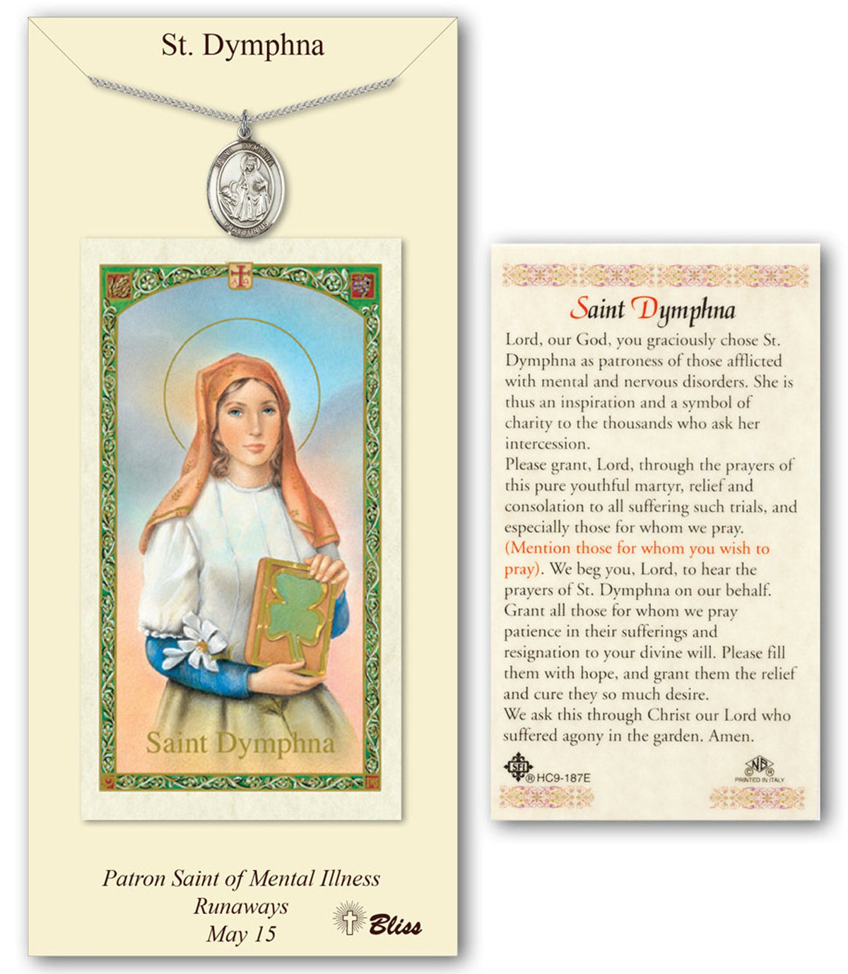 Bliss St Dymphna Medal and Prayer Holy Card Gift Set