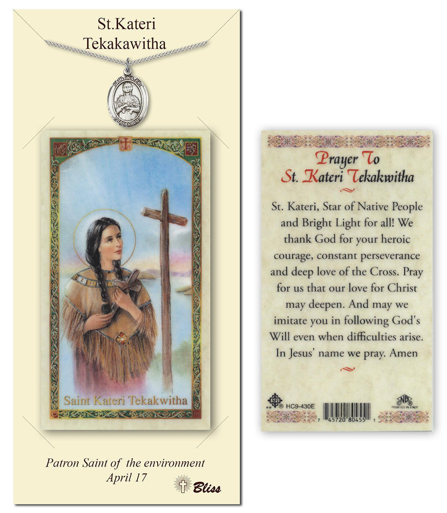 Bliss St Kateri Tekakwitha Medal and Prayer Holy Card Gift Set