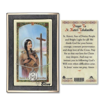 St Kateri Tekakwitha Sterling Silver Medal 3/4-inch and Prayer Holy Card Gift Set, Bliss Manufacturing