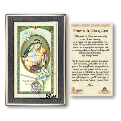 St Rose of Lima Sterling Silver Medal 3/4-inch and Prayer Holy Card Gift Set, Bliss Manufacturing
