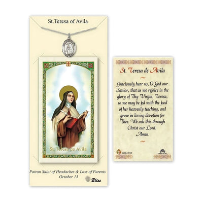 St Teresa of Avila Pewter Medal 3/4-inch and Prayer Holy Card Gift Set, Bliss Manufacturing