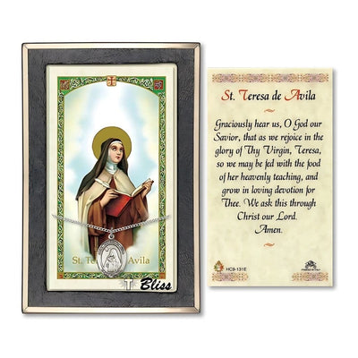 St Teresa of Avila Sterling Silver Medal 3/4-inch and Prayer Holy Card Gift Set, Bliss Manufacturing