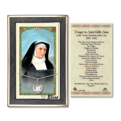 St Edith Stein Sterling Silver Medal 3/4-inch and Prayer Holy Card Gift Set, Bliss Manufacturing