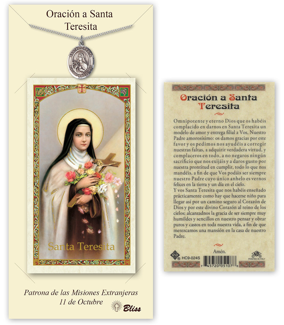 Bliss Spanish Santa Teresita Medal and Little Flower Prayer Holy Card Gift Set