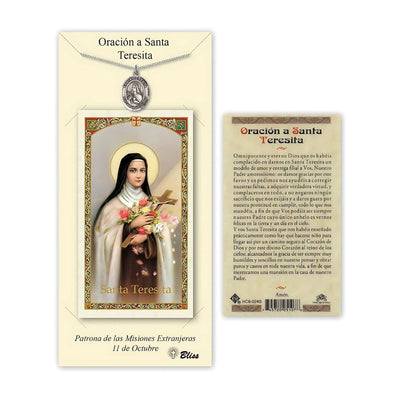 Santa Teresita Pewter Medal 3/4-inch and Prayer Holy Card Gift Set, Bliss Manufacturing