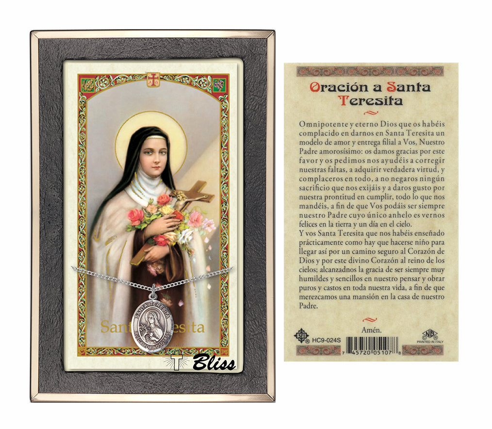 Bliss Spanish Santa Teresita Medal and Little Flower Prayer Holy Card Gift Set