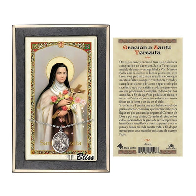 Santa Teresita Sterling Silver Medal 3/4-inch and Prayer Holy Card Gift Set, Bliss Manufacturing