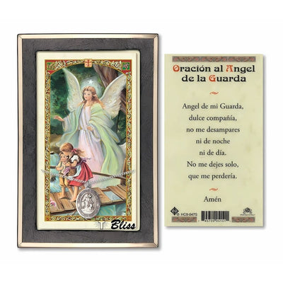 Angel de la Guarda Sterling Silver Medal 3/4-inch and Prayer Holy Card Gift Set, Bliss Manufacturing