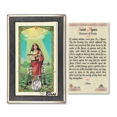 St Agnes of Rome Medal 3/4-inch and Prayer Holy Card Gift Set in Gift Box, sterling silver, Bliss Manufacturing