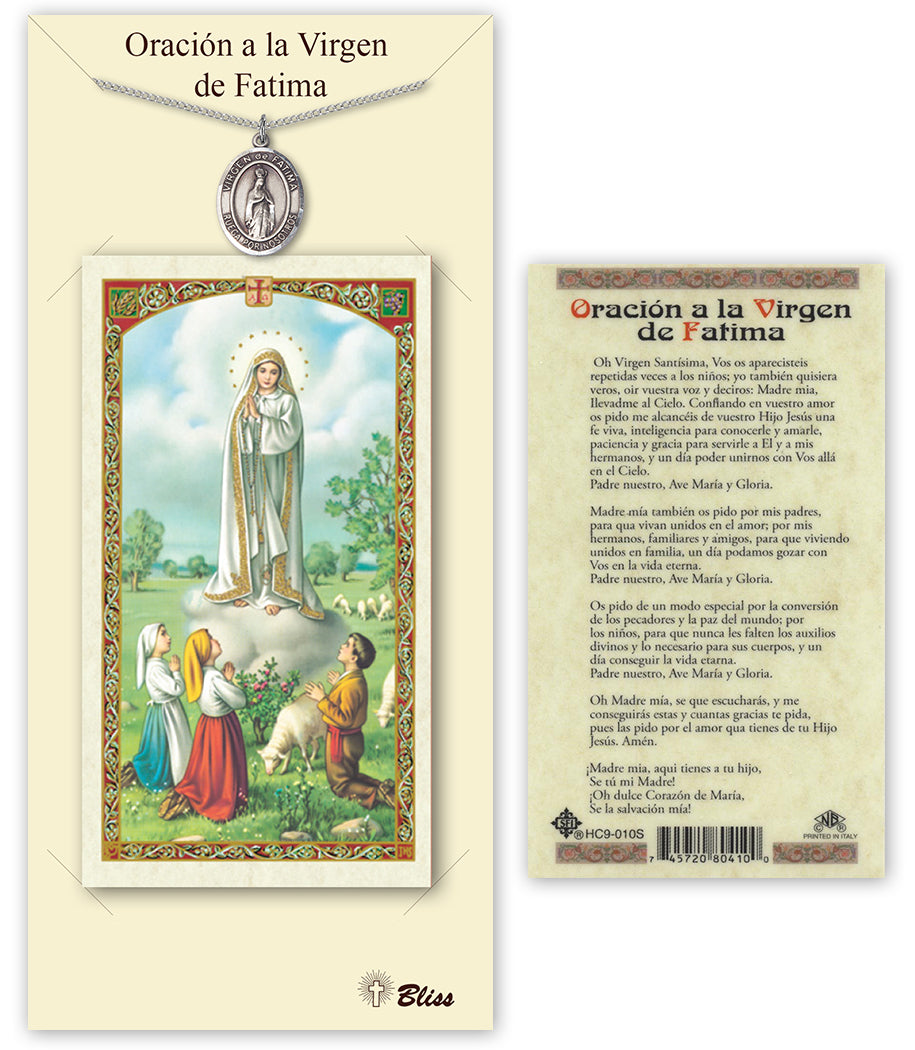 Bliss Spanish Virgen de Fatima Medal and Prayer Holy Card Gift Set