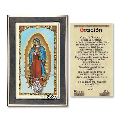 Virgen de Guadalupe Sterling Silver Medal 3/4-inch and Prayer Holy Card Gift Set, Bliss Manufacturing
