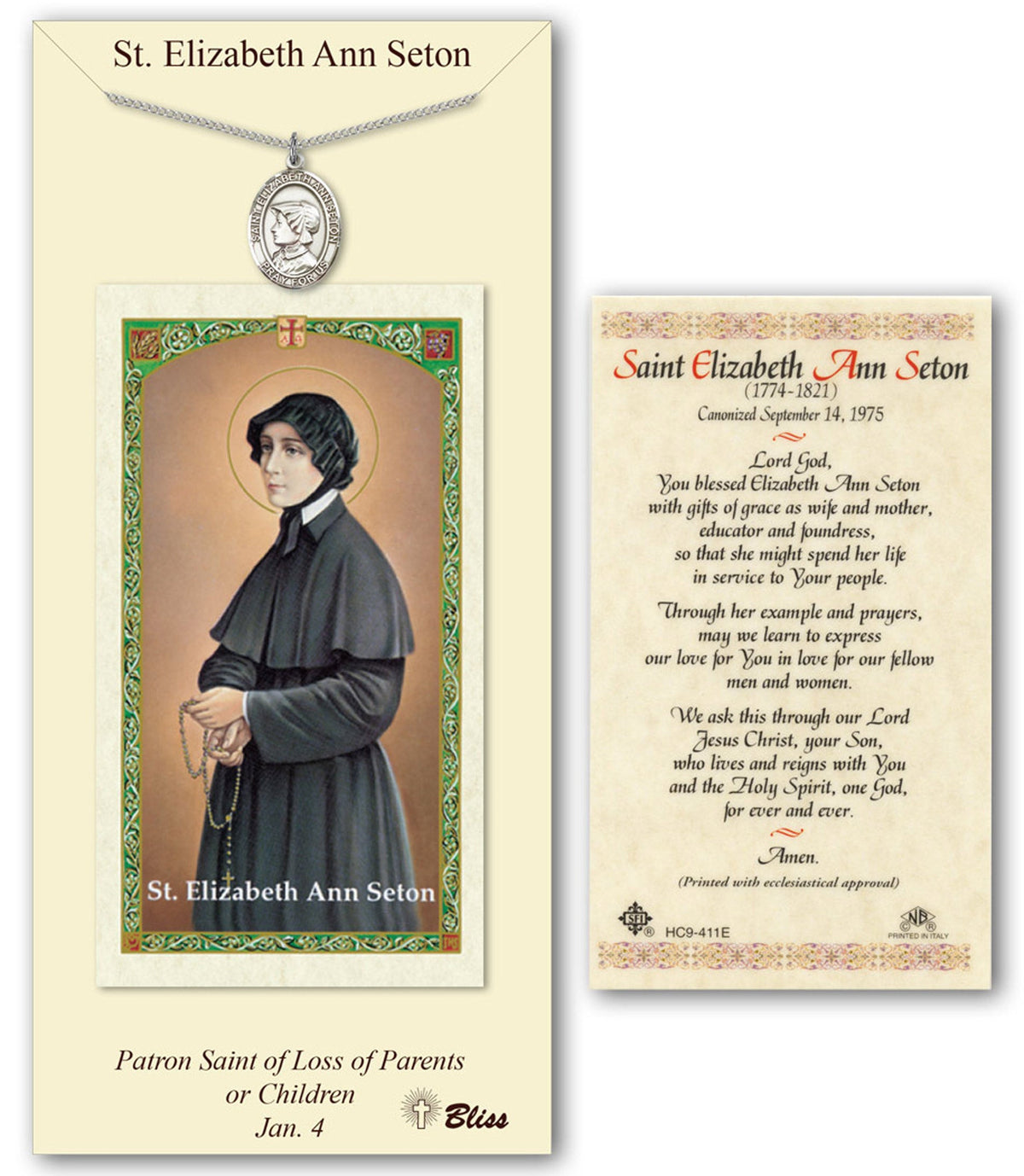 Bliss St Elizabeth Ann Seton Medal and Prayer Holy Card Gift Set