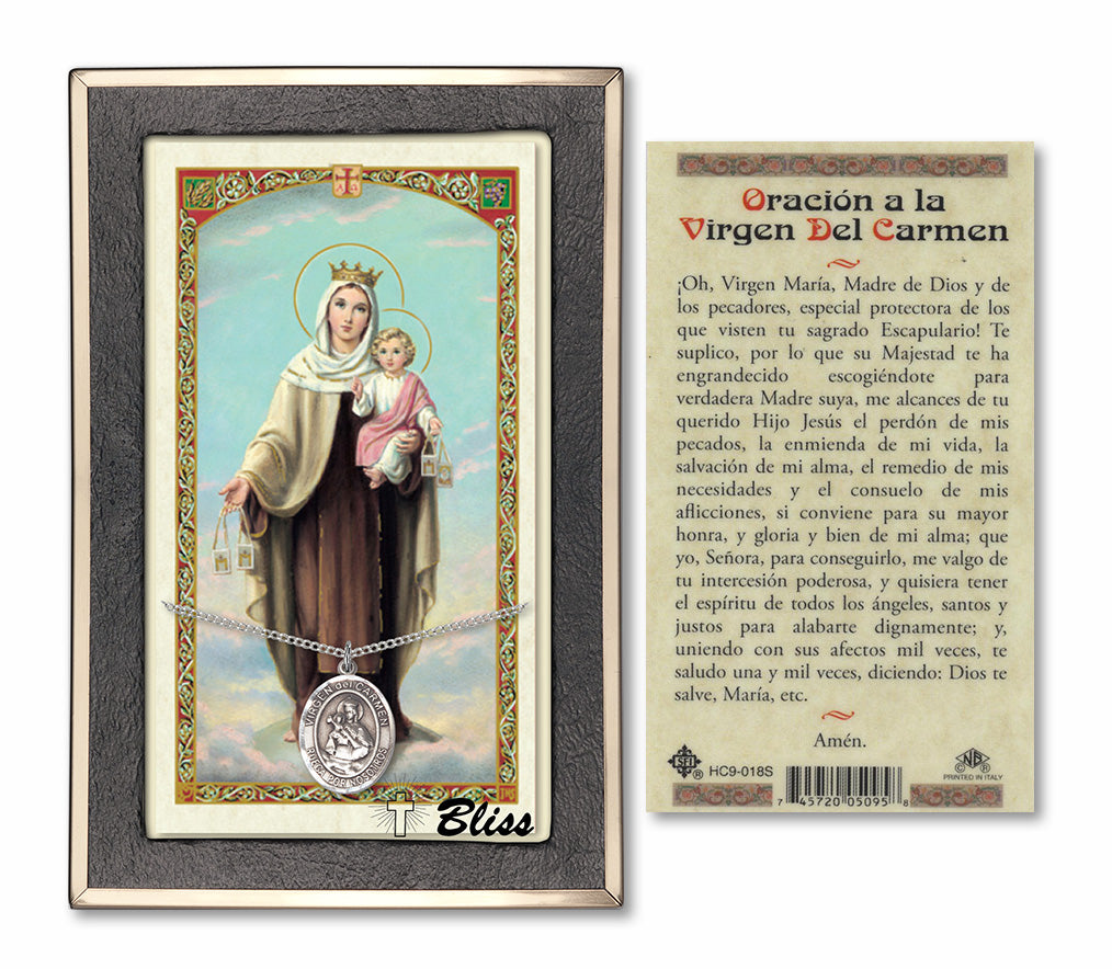 Bliss Spanish Virgen del Carmen Medal and Prayer Holy Card Gift Set