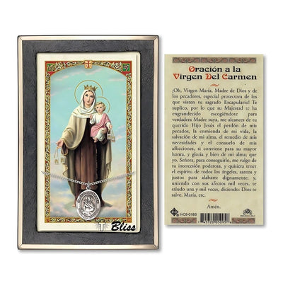 Our Lady of Mount Carmel Sterling Silver Medal 3/4-inch and Spanish Prayer Holy Card Gift Set, Bliss Manufacturing