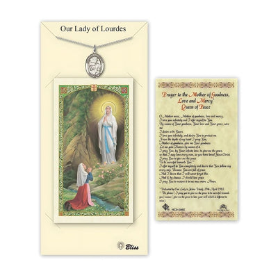Our Lady of Lourdes Pewter Medal 3/4-inch and Prayer Holy Card Gift Set, Bliss Manufacturing