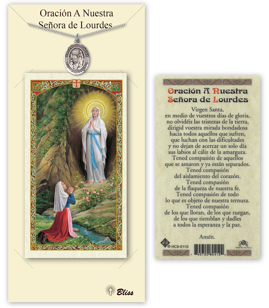 Bliss Spanish Virgen de Lourdes Medal and Prayer Holy Card Gift Set