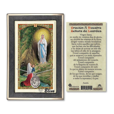 Virgen de Lourdes Sterling Silver Medal 3/4-inch and Prayer Holy Card Gift Set, Bliss Manufacturing
