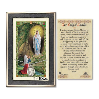 Our Lady of Lourdes Sterling Silver Medal 3/4-inch and Prayer Holy Card Gift Set, Bliss Manufacturing