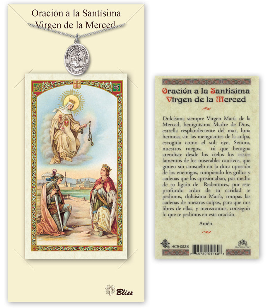 Bliss Spanish Virgen de la Merce Medal and Prayer Holy Card Gift Set