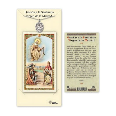 Virgen de la Merce Pewter Medal 3/4-inch and Prayer Holy Card Gift Set, Bliss Manufacturing