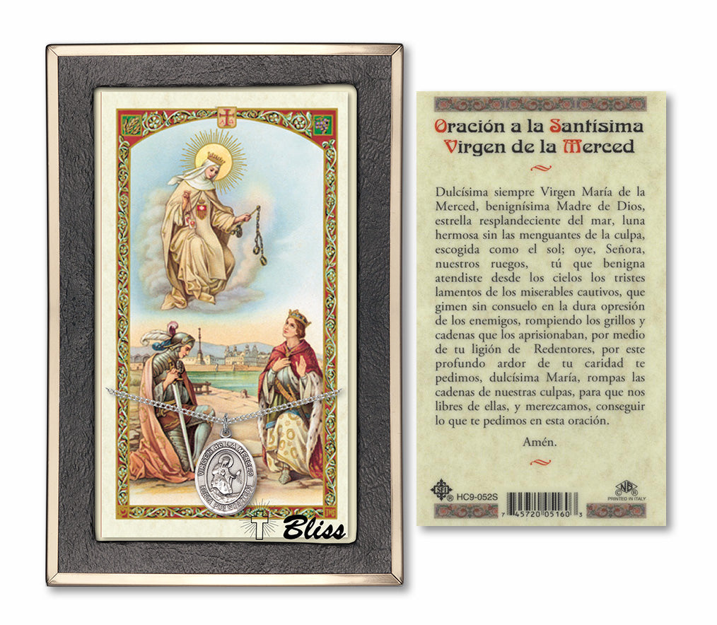 Bliss Spanish Virgen de la Merce Medal and Prayer Holy Card Gift Set