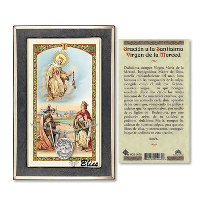 Virgen de la Merce Sterling Silver Medal 3/4-inch and Prayer Holy Card Gift Set, Bliss Manufacturing