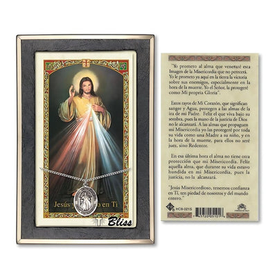 Divina Misericordia Sterling Silver Medal 3/4-inch and Prayer Holy Card Gift Set, Bliss Manufacturing