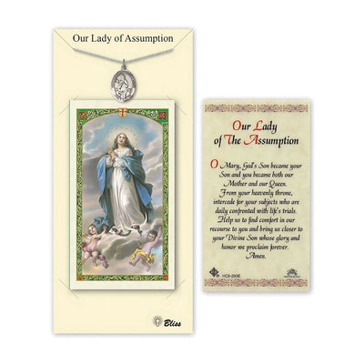 Our Lady of Assumption Pewter Medal 3/4-inch and Prayer Holy Card Gift Set, Bliss Manufacturing