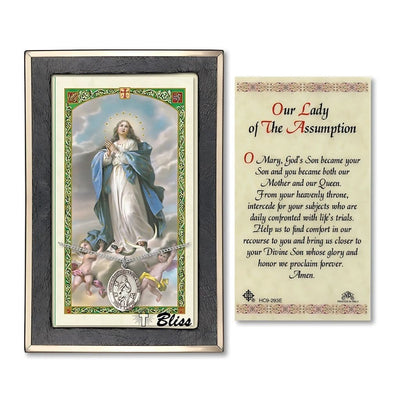 Our Lady of Assumption Sterling Silver Medal 3/4-inch and Prayer Holy Card Gift Set, Bliss Manufacturing
