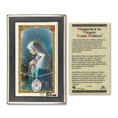 Our Lady Rosa Mystica Sterling Silver Medal 3/4-inch and Prayer Holy Card Gift Set, Bliss Manufacturing
