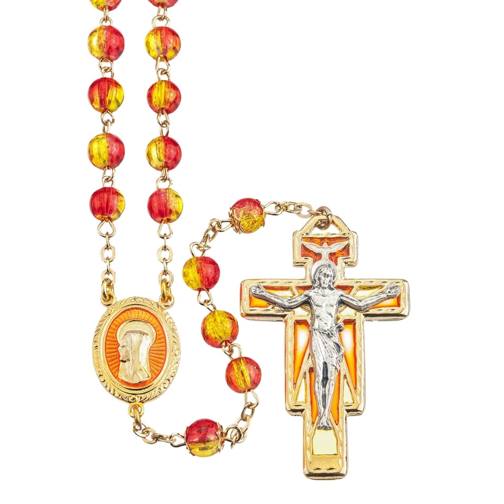 Gold and Red Crackle Bead New England Pewter Rosary, HMH Religious